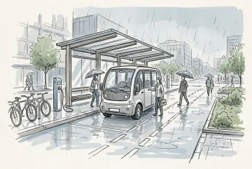 Hand-drawn doodle illustration of an electric shuttle at a rainy urban mobility hub with bicycles, charging posts, pedestrians, umbrellas, and reflective pavement.