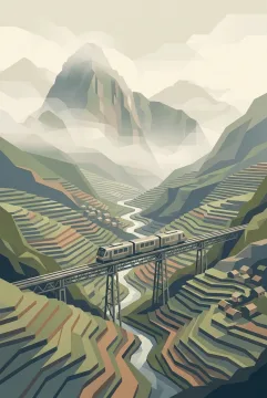 Geometric graphic illustration of a mountain train crossing an elevated railway above green terraces beneath misty highland peaks.