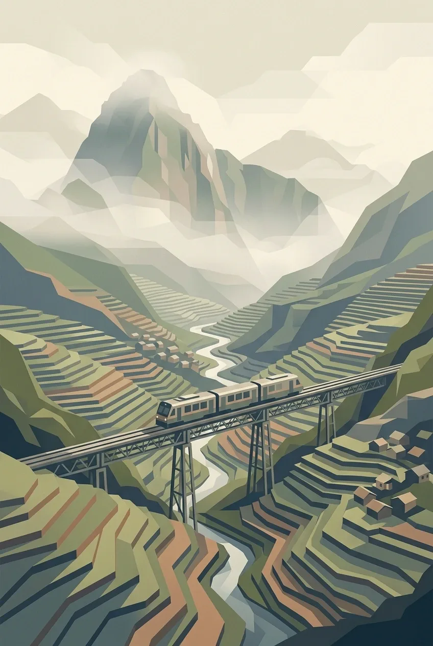 Geometric graphic illustration of a mountain train crossing an elevated railway above green terraces beneath misty highland peaks.