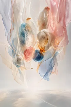 Portrait abstract artwork with translucent coral and cyan membranes surrounding floating mineral forms and luminous threads.
