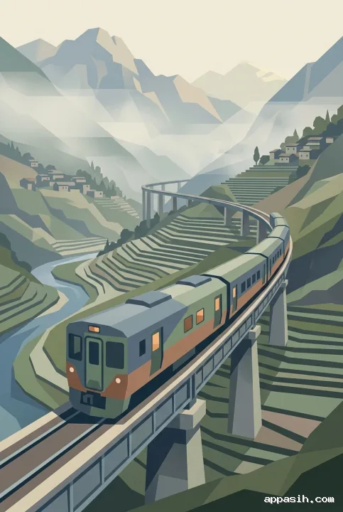 Closer geometric graphic view of a mountain train crossing an elevated bridge through terraced highlands with misty peaks and soft amber window light.
