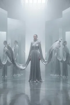 Fashion model in a sculptural silver pleated gown standing in a misty mirror hall with surreal floating fabric arcs and reflective surfaces.