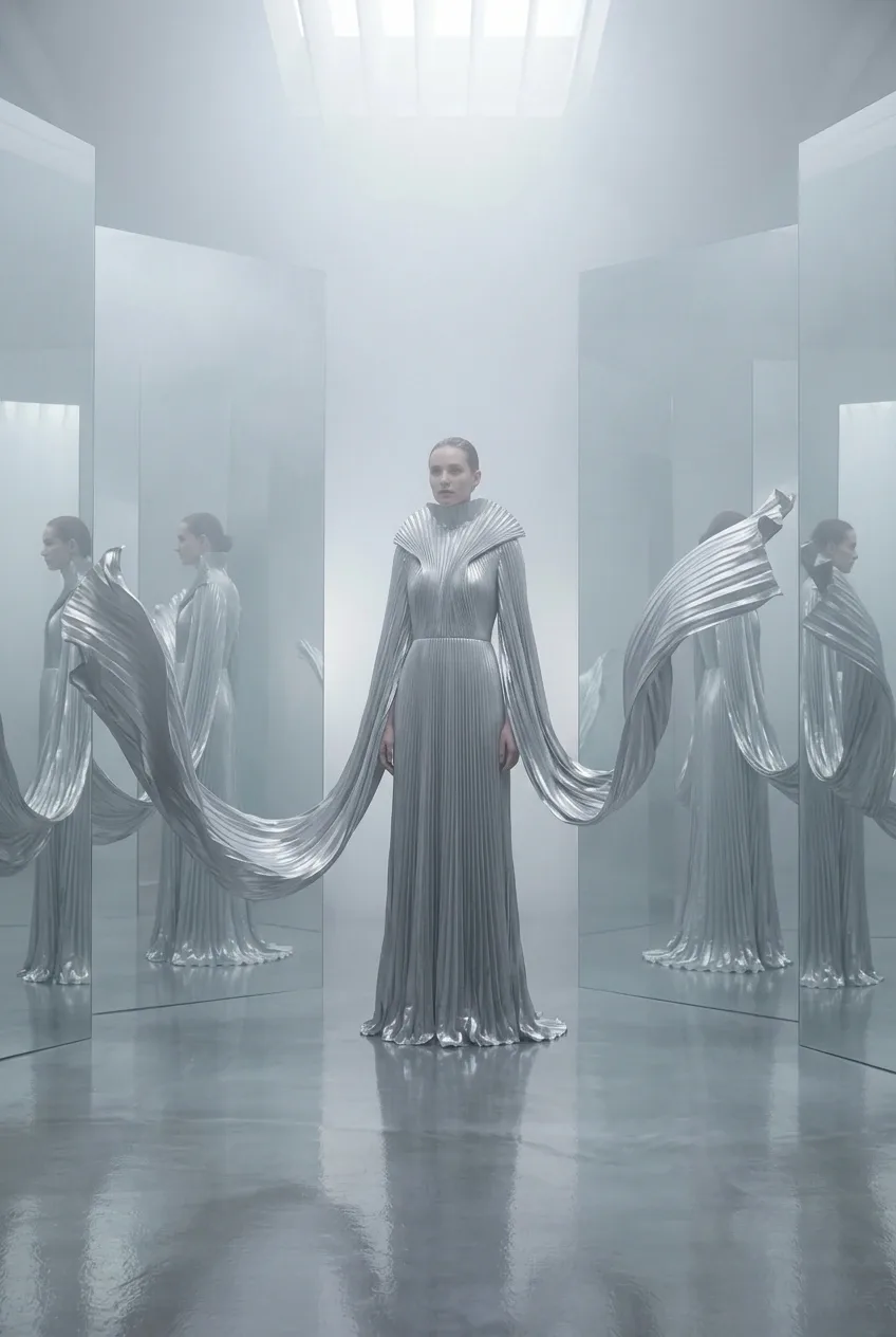 Fashion model in a sculptural silver pleated gown standing in a misty mirror hall with surreal floating fabric arcs and reflective surfaces.