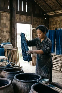 Indigo textile artisan lifting hand-dyed blue cloth beside earthen dye vats in a traditional heritage workshop.