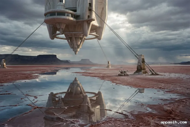 Low three-quarter surreal view of the same floating observatory above a crimson salt basin, reflected in a shallow pool beside tether pylons under broken storm clouds.