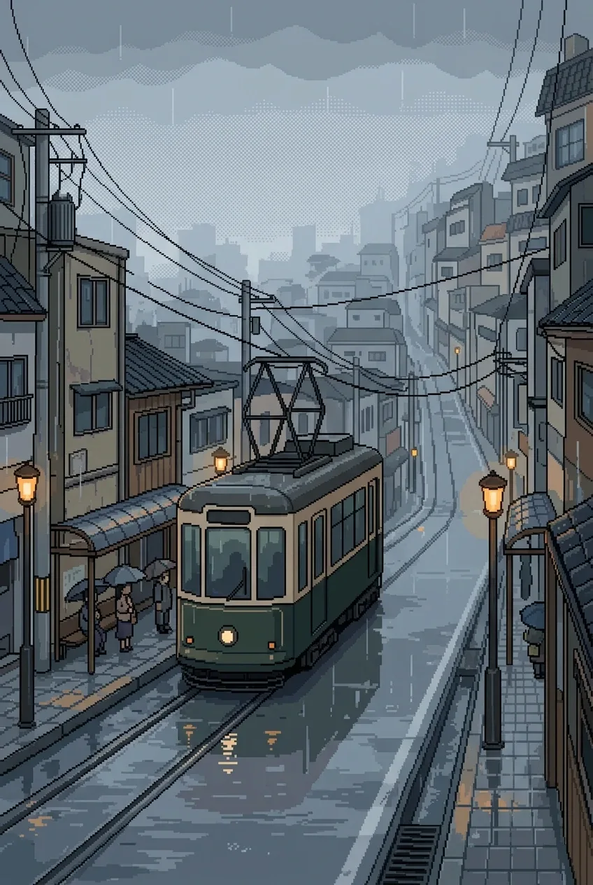 Retro pixel art electric tram climbing a rainy hillside street with glowing transit shelters and wet pavement reflections.
