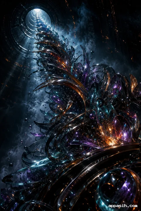 Cinematic portrait abstract scene of metallic ribbons, smoky glass petals, and crystalline droplets spiraling upward through a dark atmospheric chamber.