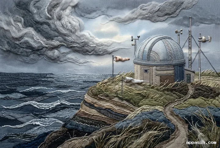 Closer embroidered textile view of the same cliffside weather observatory, showing detailed stitched instruments, layered fabric cliffs, storm clouds, wind-bent grasses, and turbulent ocean waves.