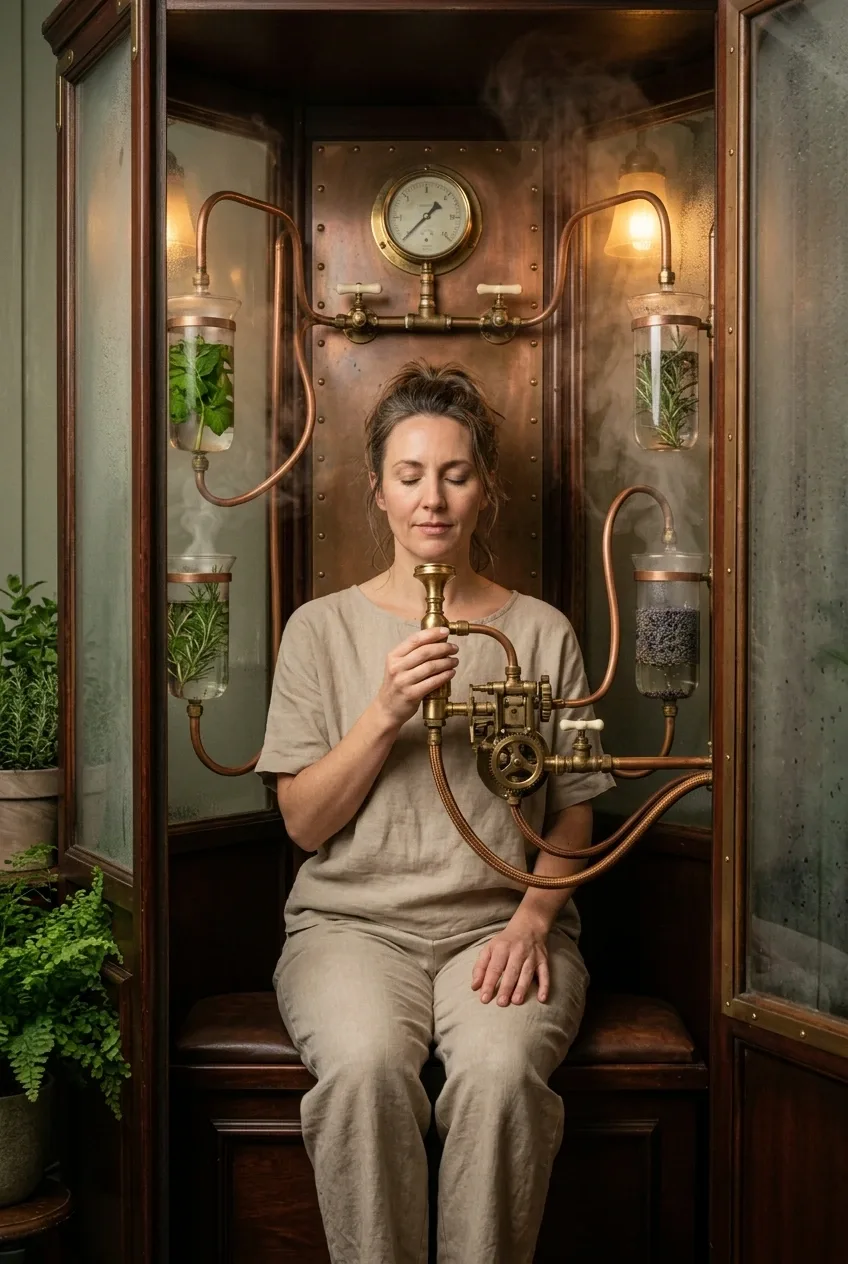 Wellness practitioner using a steampunk herbal breathing chamber with brass respiration machinery, copper tubing, botanical vapor, and warm amber lighting.