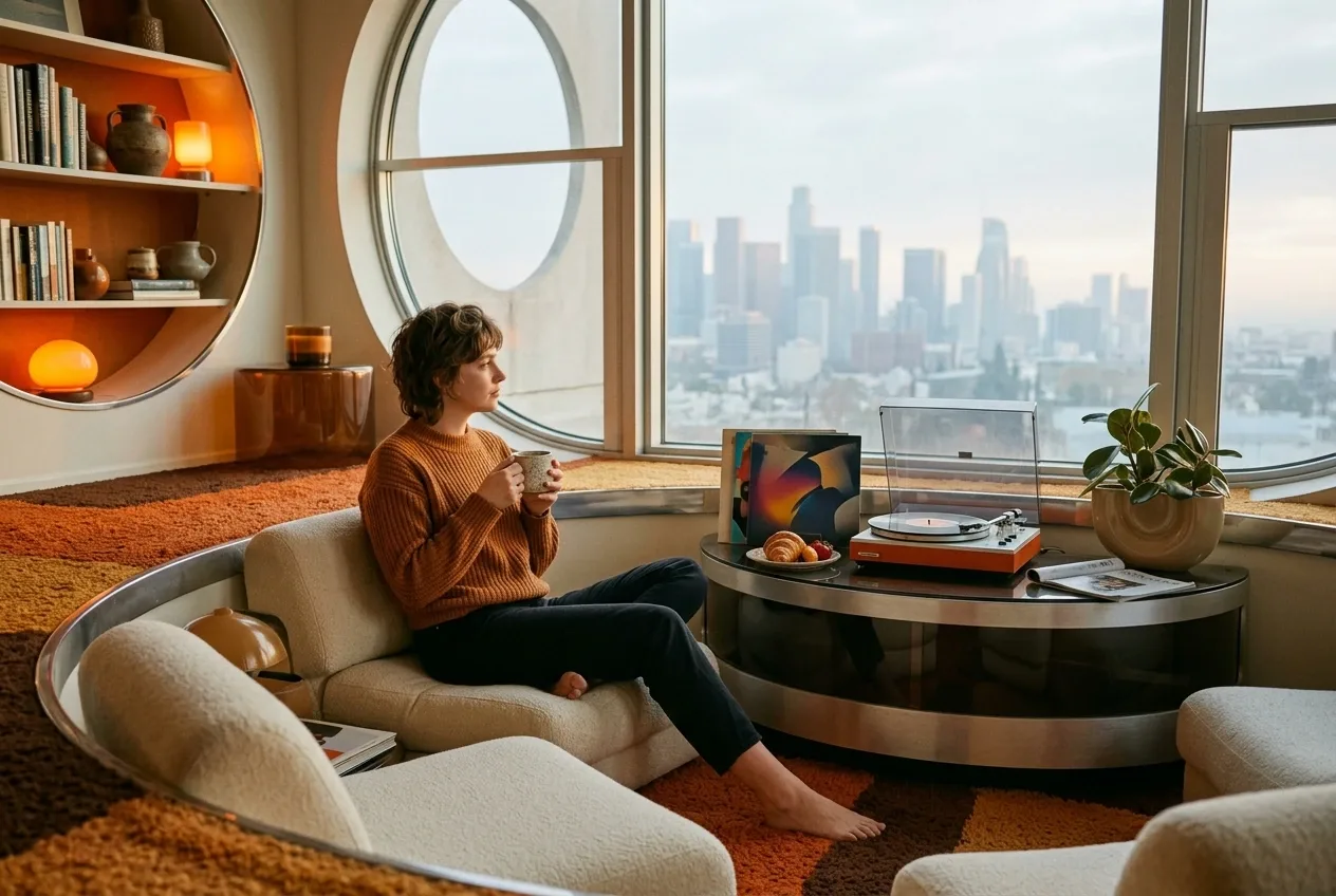 Young adult drinking coffee beside a vinyl player in a retro-futurist sunken living room with curved cream furniture, chrome accents, and warm morning light.