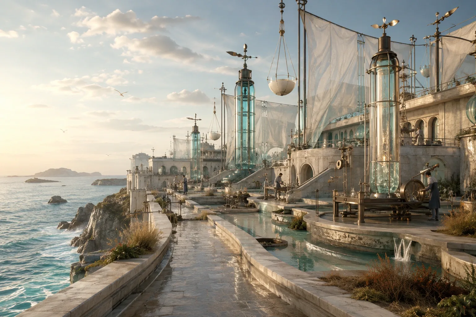 Cinematic coastal signal station with transparent glass resonators, pale stone terraces, technicians, ocean mist, and warm late-afternoon light.