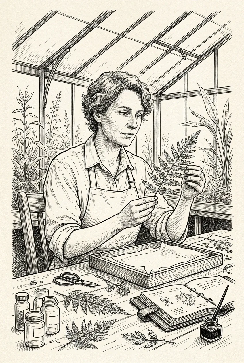 Ink drawing portrait of a botanical archivist holding a fern specimen at a wooden table inside a glass-roofed botanical study.