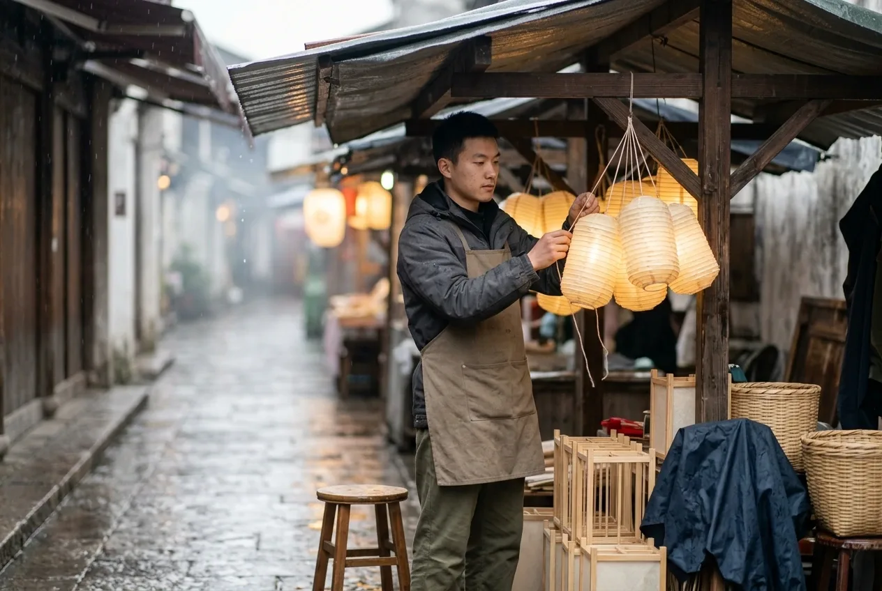 Young night market lantern keeper arranging glowing paper lanterns beneath a rainy canopy in an editorial photography scene.