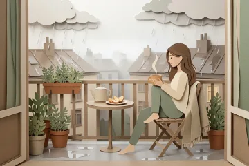 Woman enjoying tea on a rainy apartment balcony with potted herbs and misty rooftops in layered paper-cut papercraft.