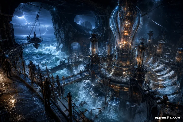 Storm-battered tidal signal station inside a volcanic marine cavern with smoky glass towers, maintenance crews, turbulent seawater, lightning, and amber industrial lighting.