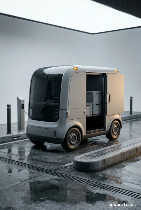 Compact electric delivery pod with a slightly open cargo door on a rain-wet modular transit platform in detailed studio photography.