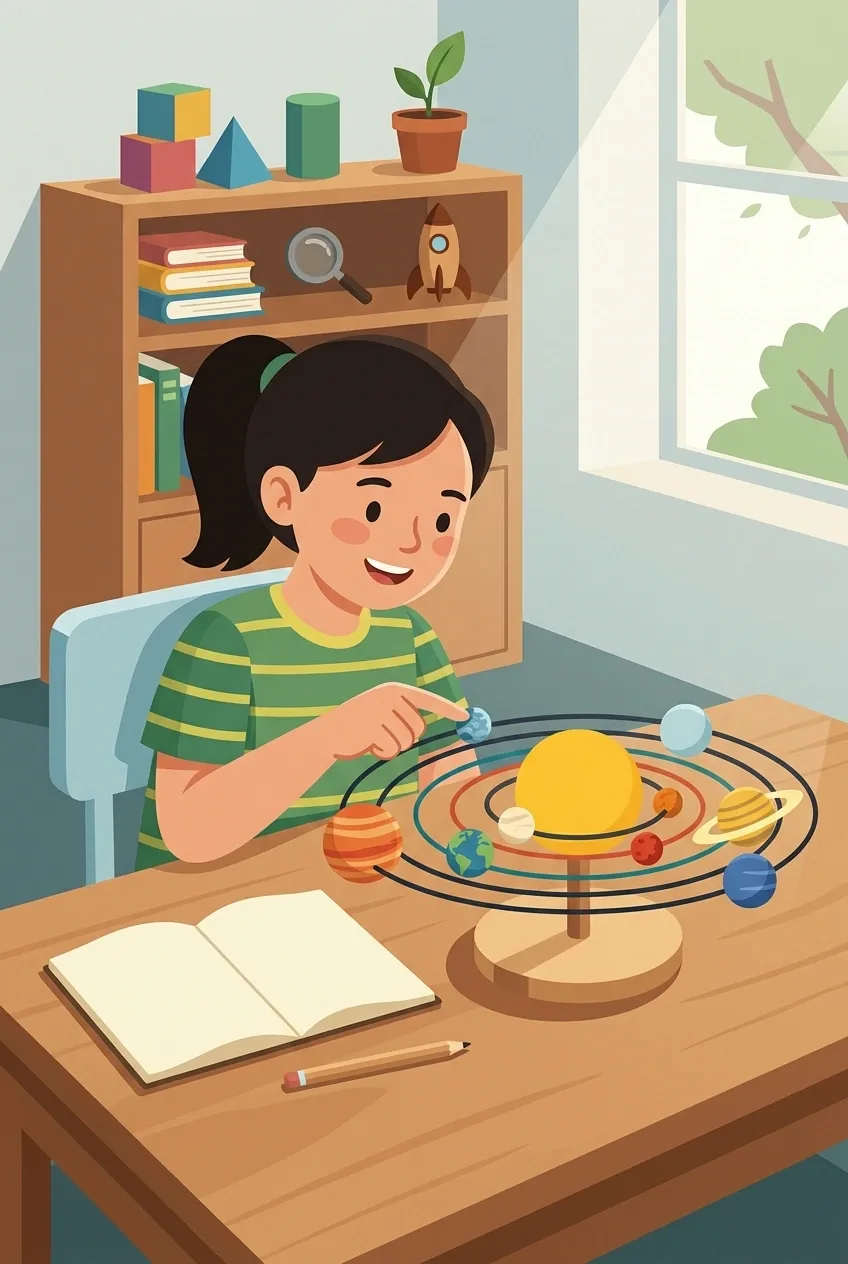 Flat 2D illustration of a young student exploring a colorful tabletop solar system model in a bright science classroom.