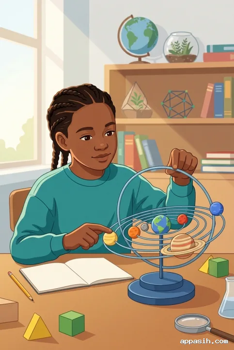 Detailed flat 2D illustration of a young student rotating a tabletop solar system model while learning astronomy in a bright classroom.