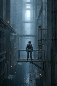 A storm beacon keeper stands on a suspended platform inside a flooded vertical city of rain-soaked concrete towers, glowing amber navigation lights, mist, and reflective water.