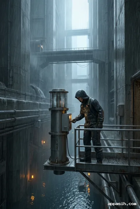 A storm beacon keeper checks a cylindrical navigation beacon from a suspended platform while rain falls through a flooded vertical city of towering concrete structures, mist, pipes, bridges, and amber lights.