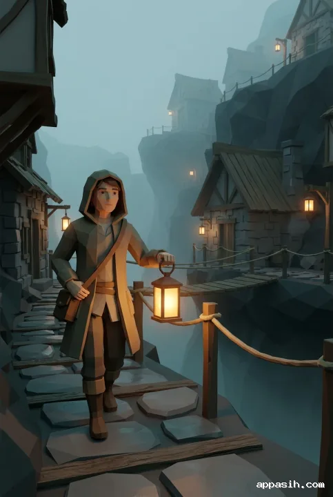 Closer Low Poly 3D view of a lantern keeper walking through the same misty cliff village with a glowing geometric lantern and foggy bridge behind.