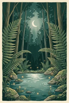 Moonlit forest spring with giant ferns, mossy stones, glowing fireflies, and reflective water in a textured Retro Illustration style.