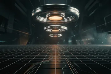 Three chrome orbital rings with glowing amber centers floating above a reflective geometric grid in a retro futurist abstract landscape.