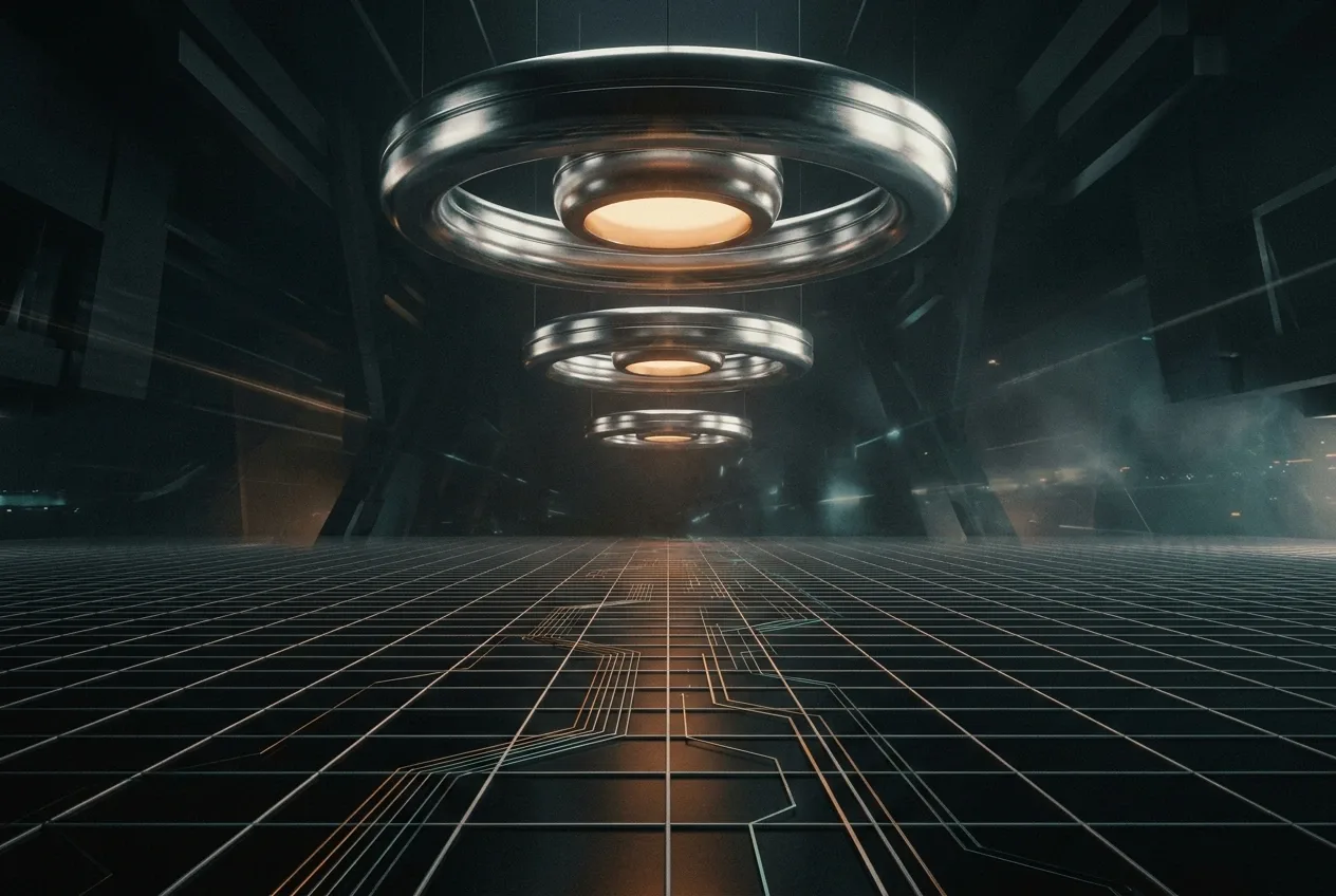 Three chrome orbital rings with glowing amber centers floating above a reflective geometric grid in a retro futurist abstract landscape.