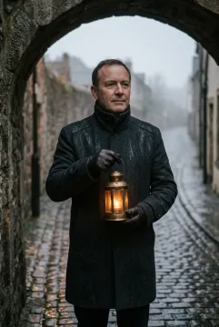 Middle-aged lantern keeper in a dark wool coat holding a glowing brass lantern beneath a rainy stone archway in a misty old street.