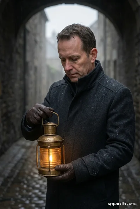 Closer fine art portrait of the same lantern keeper adjusting a glowing brass lantern beneath a rain-soaked stone archway with misty cobblestones behind him.