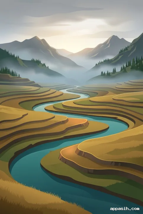 Closer vertical view of a turquoise river curving through golden highland terraces toward misty mountain ridges in a detailed vector landscape illustration.
