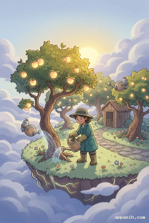 Cartoon sky gardener watering a glowing fruit tree as three small drones hover around the same floating cloud orchard at sunset.