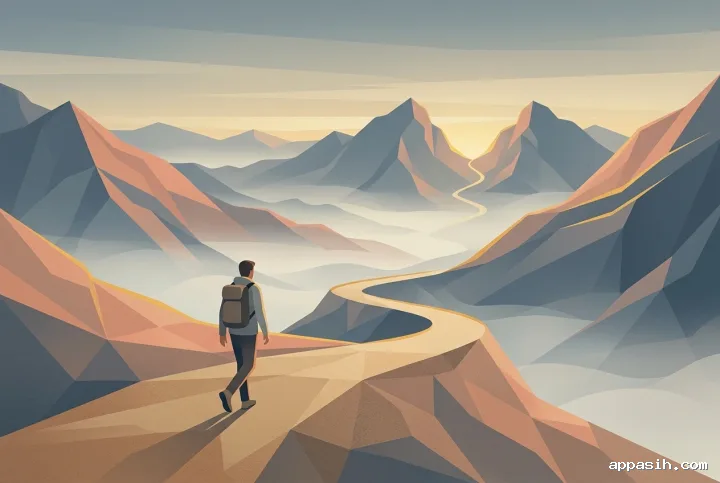 Abstract graphic travel scene of a lone backpacked traveler walking along a winding mountain pass toward distant geometric peaks at dawn.