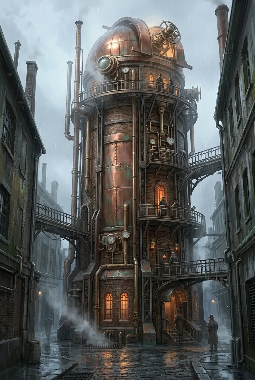 Tall steampunk observatory tower with copper pipes, arched brick architecture, a glowing mechanical dome, and rain reflections in an industrial courtyard.