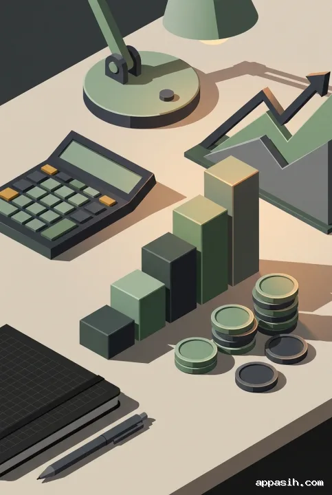 Closer geometric graphic view of a financial planning desk with ascending growth blocks, coin-like discs, chart sculpture, notebook, and business tools under directional light.