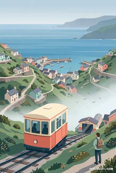 Detailed flat 2D illustration of a cliffside funicular approaching a misty coastal village with terraced houses, winding paths, and a calm bay.