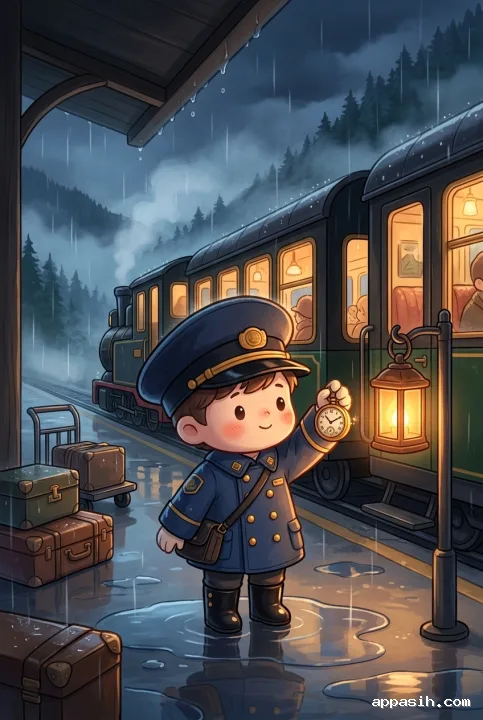 Closer kawaii cartoon view of a train conductor raising a pocket watch beside the same night train at a rainy mountain station with lantern reflections and mist.