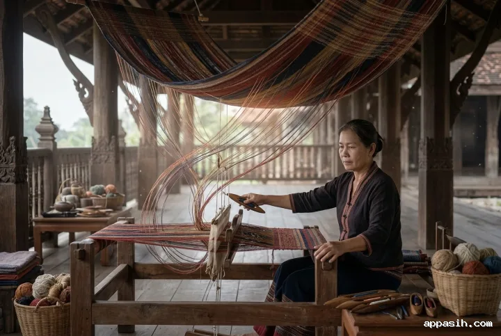Heritage textile artisan guiding a wooden handloom beneath the same surreal floating woven canopy, surrounded by yarn baskets and carved timber columns.