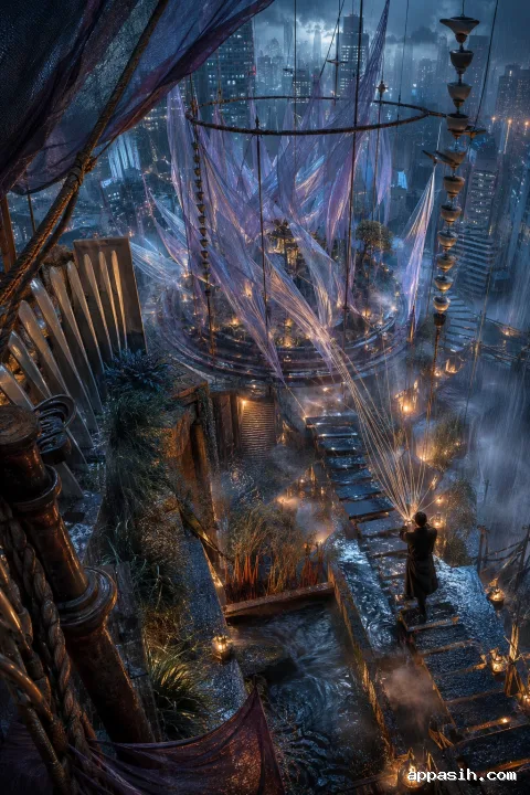 Solitary adult crossing elevated platforms through a stormy rooftop sanctuary of suspended membranes, mineral rings, water channels, and luminous threads above a rain-soaked city.