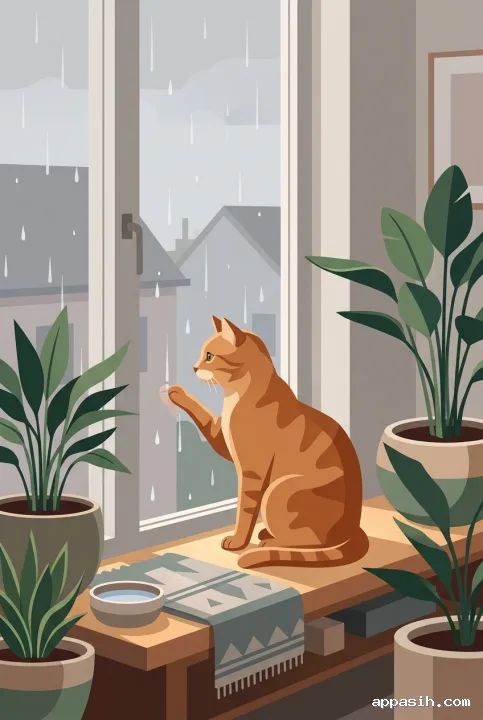 Flat 2D illustration of a ginger cat raising one paw toward raindrops on a window, surrounded by houseplants in a cozy apartment.