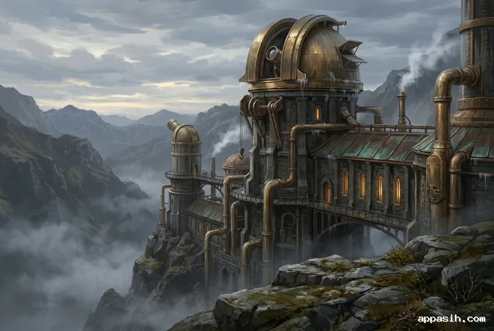 Detailed steampunk cliffside observatory with a towering brass telescope, copper domes, mechanical walkways, drifting steam, and a misty mountain valley.