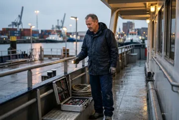 Ferry mechanic holding an inspection flashlight beside an open tool case on a rain-soaked harbor deck at dusk.