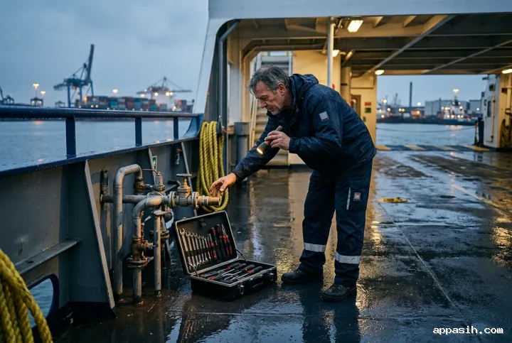 Ferry mechanic inspecting a pipe fitting with a flashlight beside an open tool case on the same rain-soaked harbor deck at dusk.