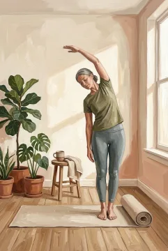 A person doing a gentle morning mobility stretch beside a mat and indoor plants in a sunlit wellness room, depicted as an acrylic painting.
