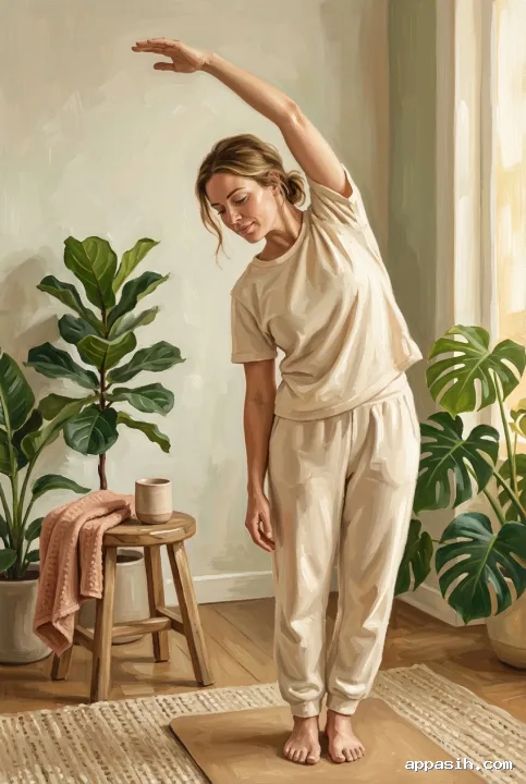 Closer acrylic painting view of a person performing a gentle mobility stretch in the same sunlit wellness room with plants, exercise mat, stool, water cup, and folded towel.