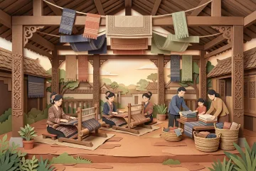 Mixed media paper cut scene of artisans weaving patterned textiles during a ceremony in an ancestral courtyard with carved timber posts and layered canopies.