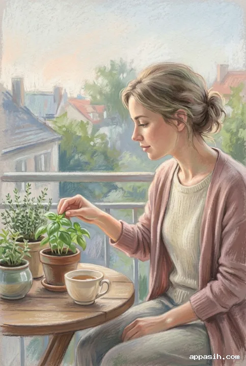 Pastel painting of the same woman reaching toward a potted herb beside her tea on a peaceful apartment balcony in warm morning light.