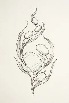 Abstract botanical line art with five suspended stone-like oval forms surrounded by flowing leaves and curling stems on warm off-white paper.
