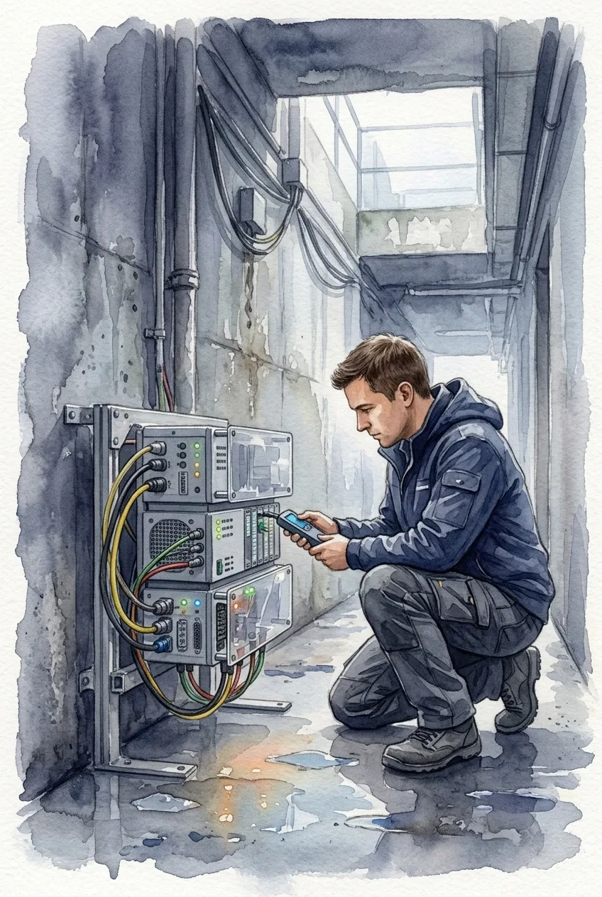 Watercolor painting of a field technician inspecting a modular edge computing sensor hub in a damp urban utility corridor.