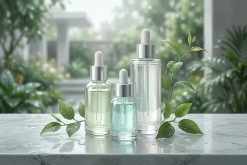 Three translucent botanical serum bottles on a dew-covered pale stone vanity with green leaves and soft garden light in Concept Art style.